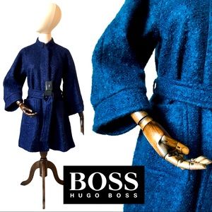 Hugo Boss Navy Wool Fluffy Belted Coat